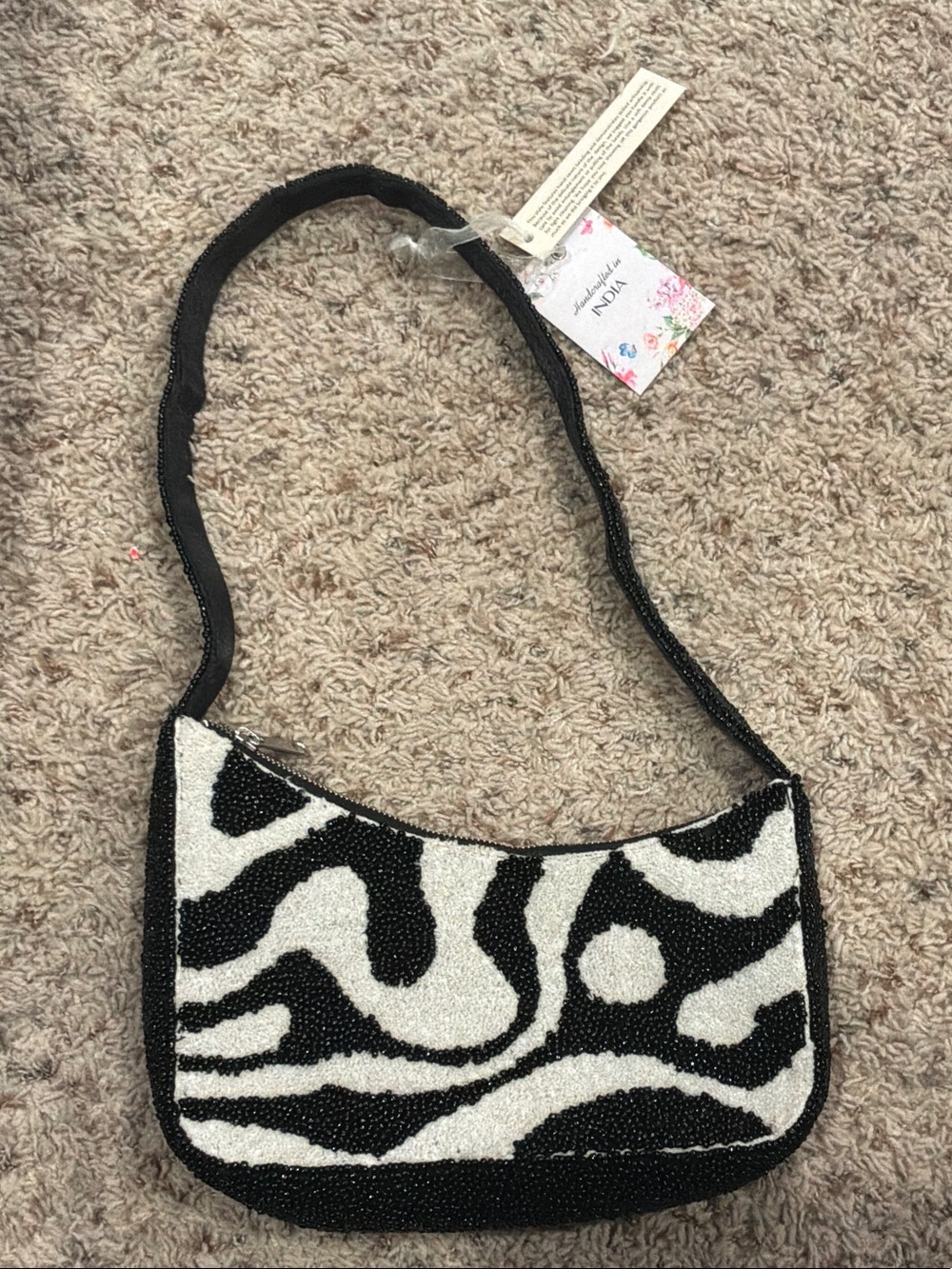 Zebra Beaded Faux Fur Purse